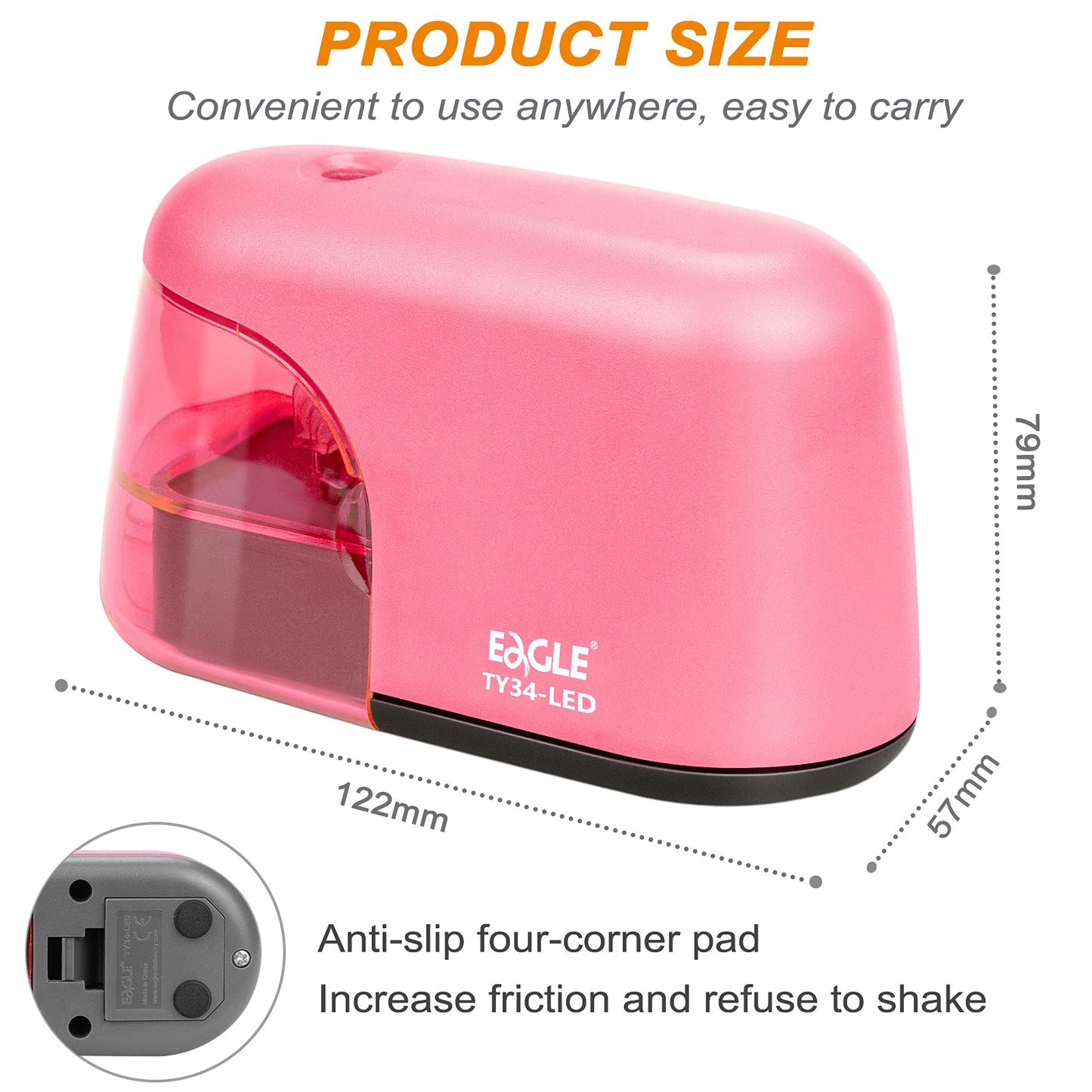 Pink battery-powered pencil sharpener with LED light