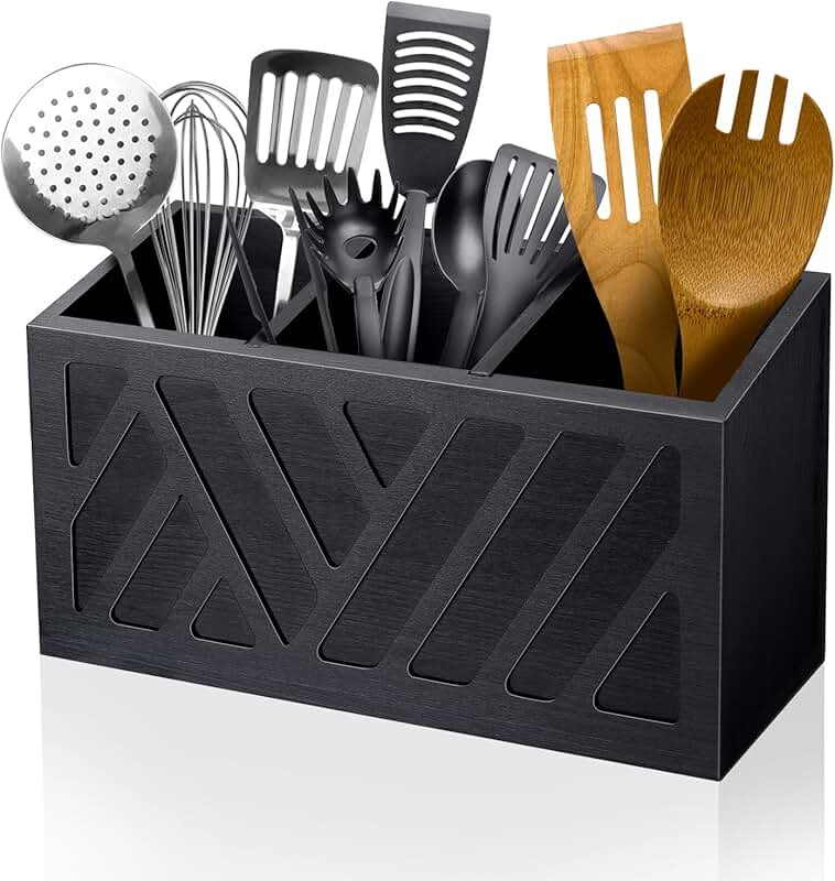 Wooden Utensil Holder with 3 Compartments