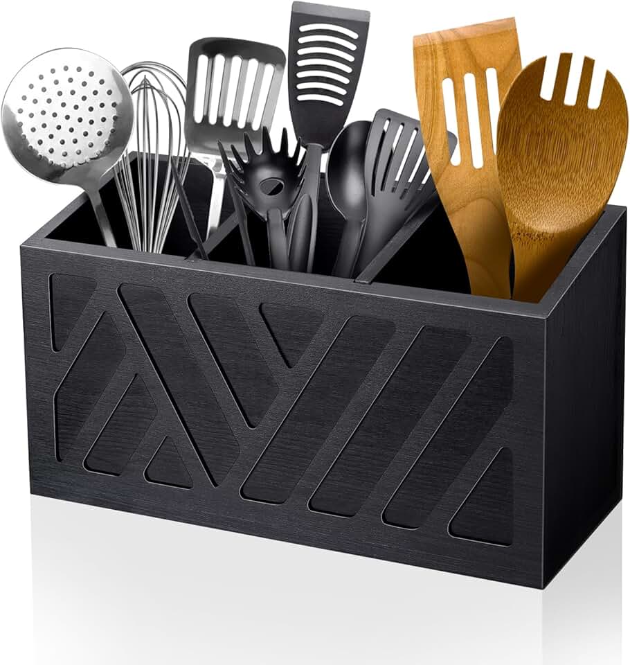 Wooden Utensil Holder with 3 Compartments