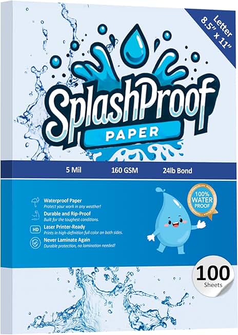 Waterproof 8.5" x 11" Laser Printer Paper, 100 Sheets