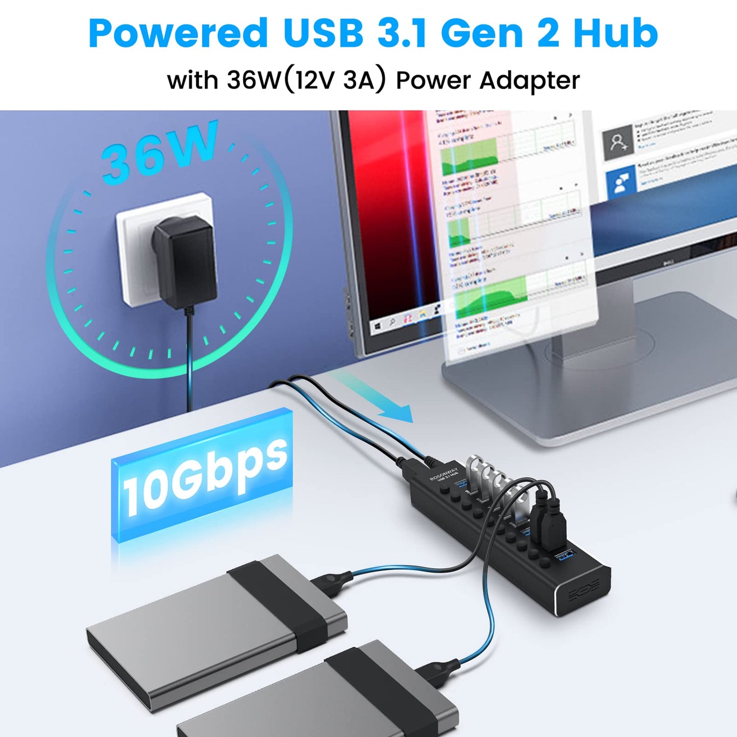 Powered USB Hub, 10 Port USB 3.1 Hub 10Gbps with 36W (12V/3A) Power Adapter, Type A and Type C Cables, Aluminum USB C Hub Splitter for PC and Laptop (RSH-A10S)