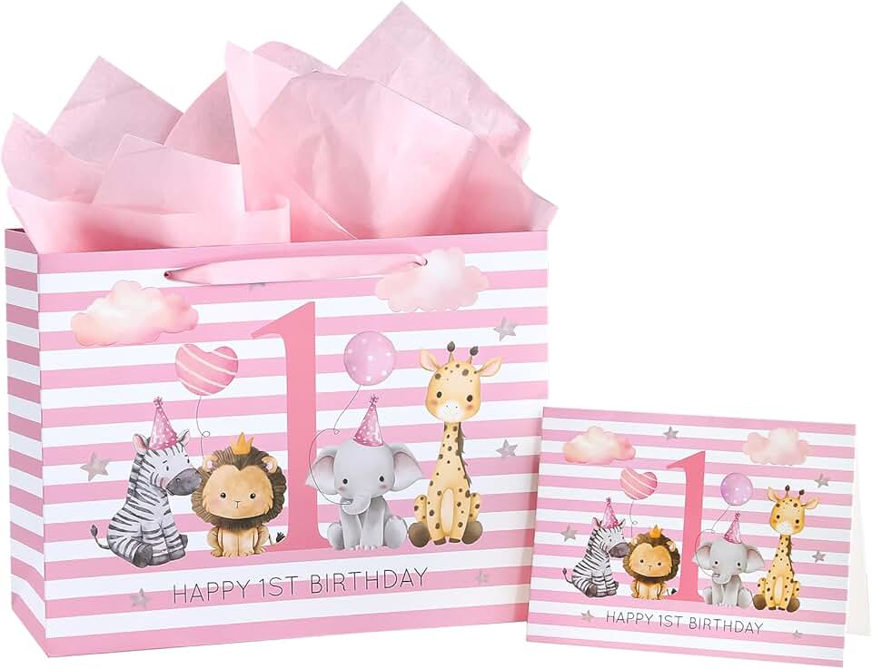 Large Baby Girl First Birthday Gift Bag with Card and Tissue