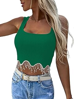Women's Rhinestone Fringe Ribbed Knit Square Neck Sleeveless Crop Top