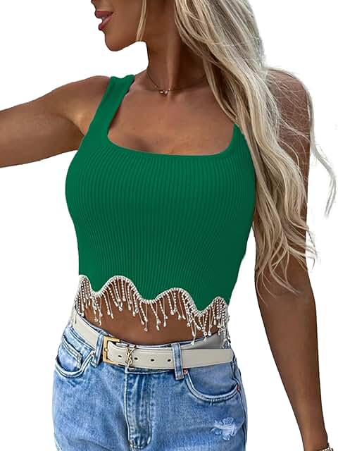Women's Rhinestone Fringe Ribbed Knit Square Neck Sleeveless Crop Top
