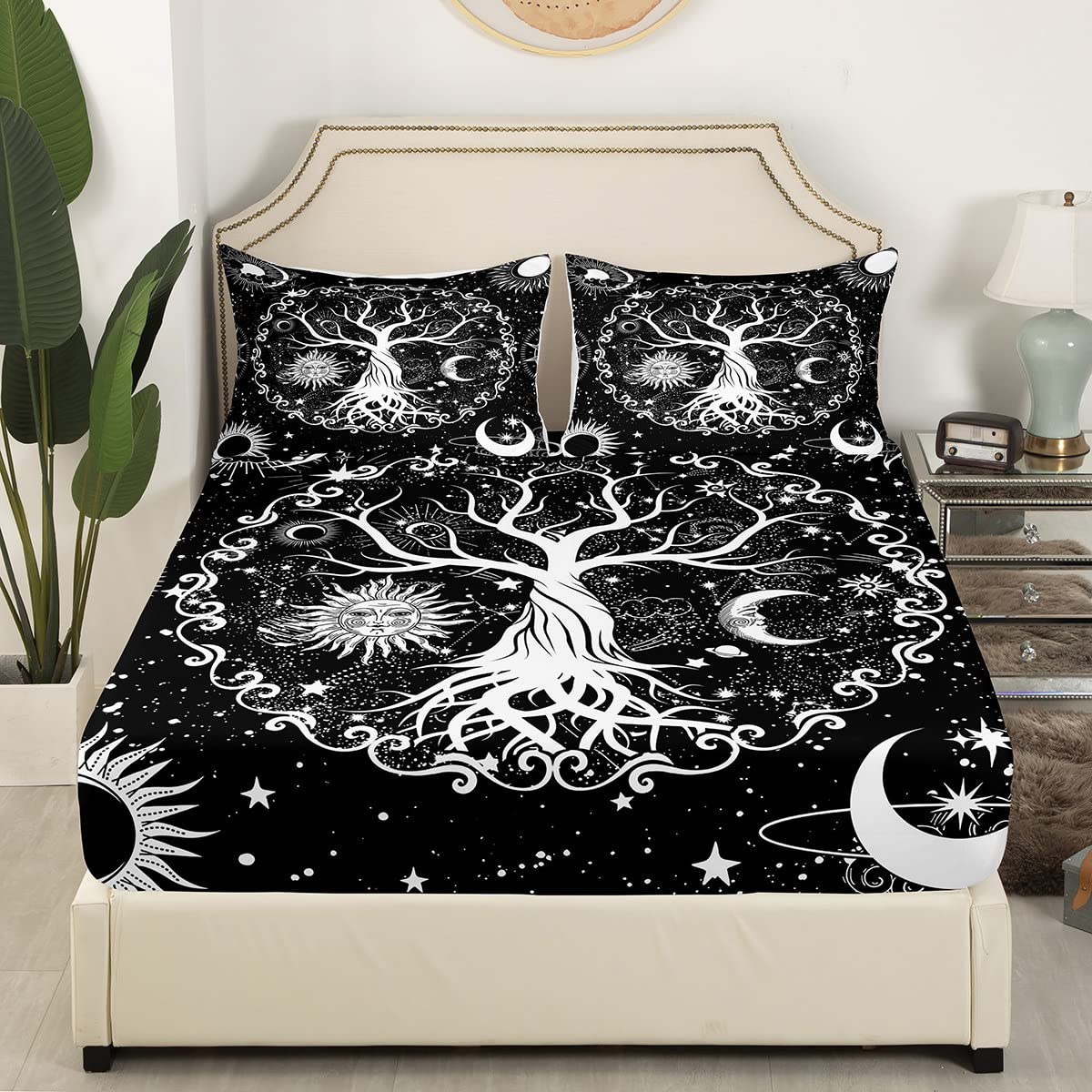 Tree of Life Fitted Sheet Full Sun and Moon Print Bed Sheets 3Pcs for Kids Boys Teens Bedroom Decor,Black and White Bed Cover axy Space Stars Constellation Bedding Set(Flat/Top Sheet not Included)