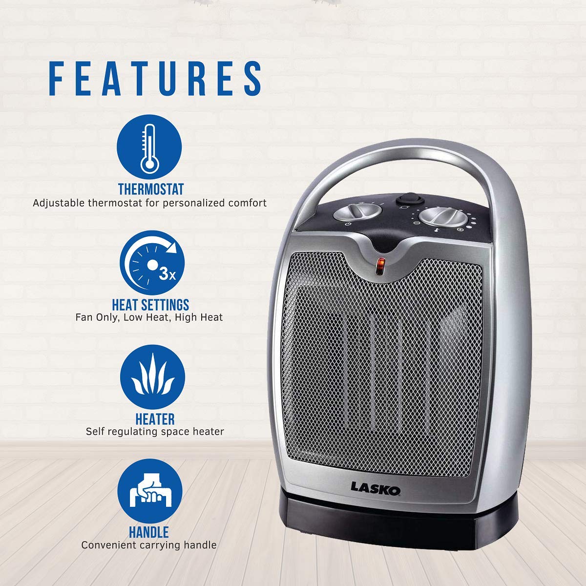 Oscillating Ceramic Tabletop Space Heater for Home with Adjustable Thermostat, Carrying Handle and 2 Speeds, 11.6 Inches, Silver, 5409