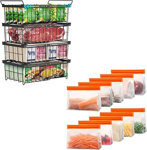 Freezer Organizer Bins and Bags, 4 Large Expandable Bins, 10 Freezer Bags