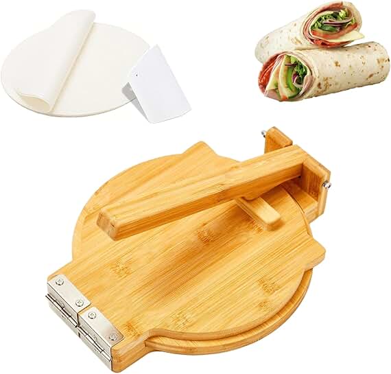 Wooden 10-Inch Tortilla Press with Parchment Paper and Cutter