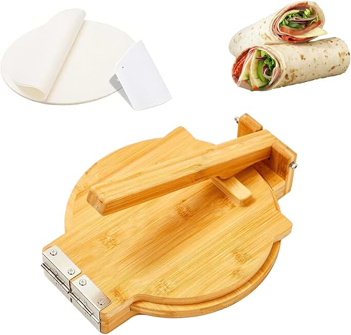 Wooden 10-Inch Tortilla Press with Parchment Paper and Cutter