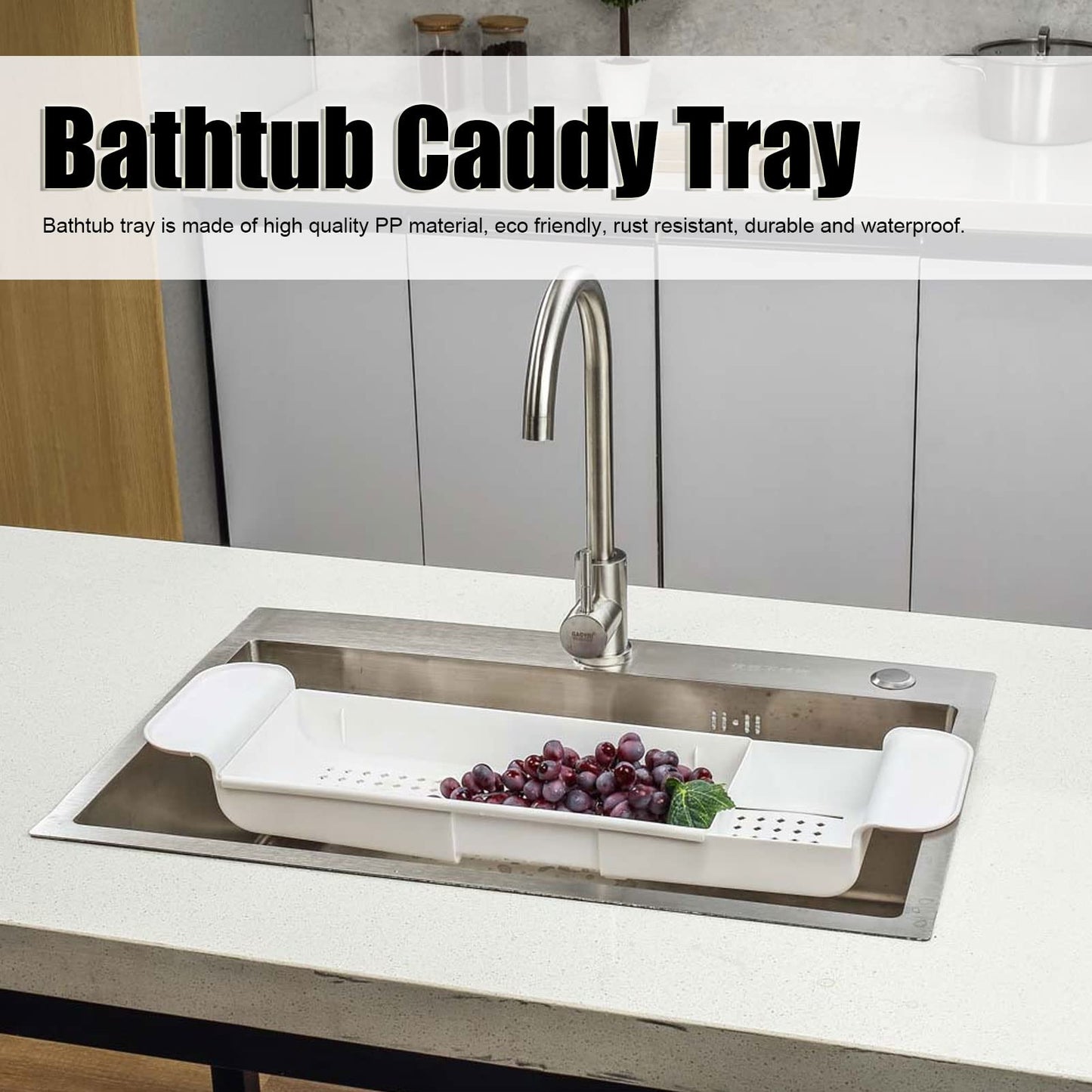 Bathtub Tray Caddy, Plastic Sink Storage Rack Expandable Bath Organizer Shelf for Kitchen Bathroom, White(White)