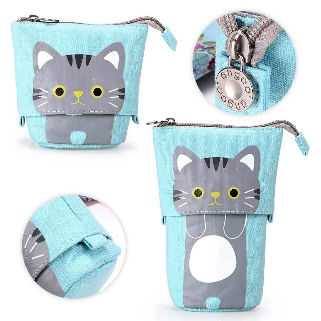 Blue telescopic pencil pouch with zipper closure