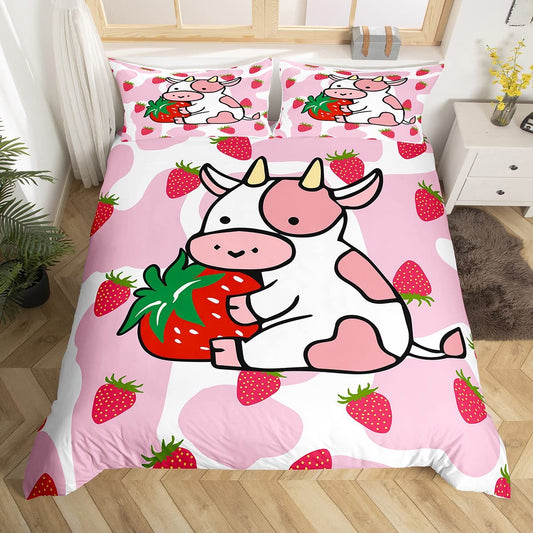Milk Cow Duvet Cover Pink White Cow Str berry Pattern Comforter Cover Bedding Set for Kids Adults K aii Girls Milk Cow Print Bedspread Cover Ultra Soft Room Decor Queen Bedclothes Zipper