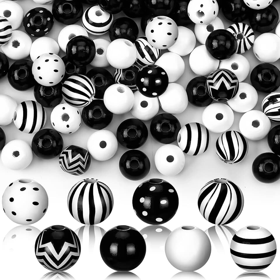 240 Black and White Christmas Wooden Beads for Crafts