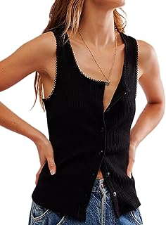 Women's Ribbed Scoop Neck Tank Top with Lace Trim
