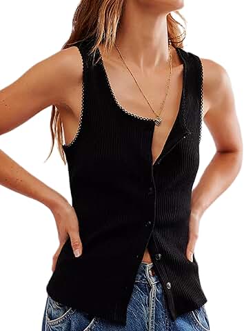 Women's Ribbed Scoop Neck Tank Top with Lace Trim