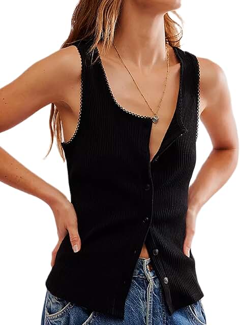 Women's Ribbed Scoop Neck Tank Top with Lace Trim