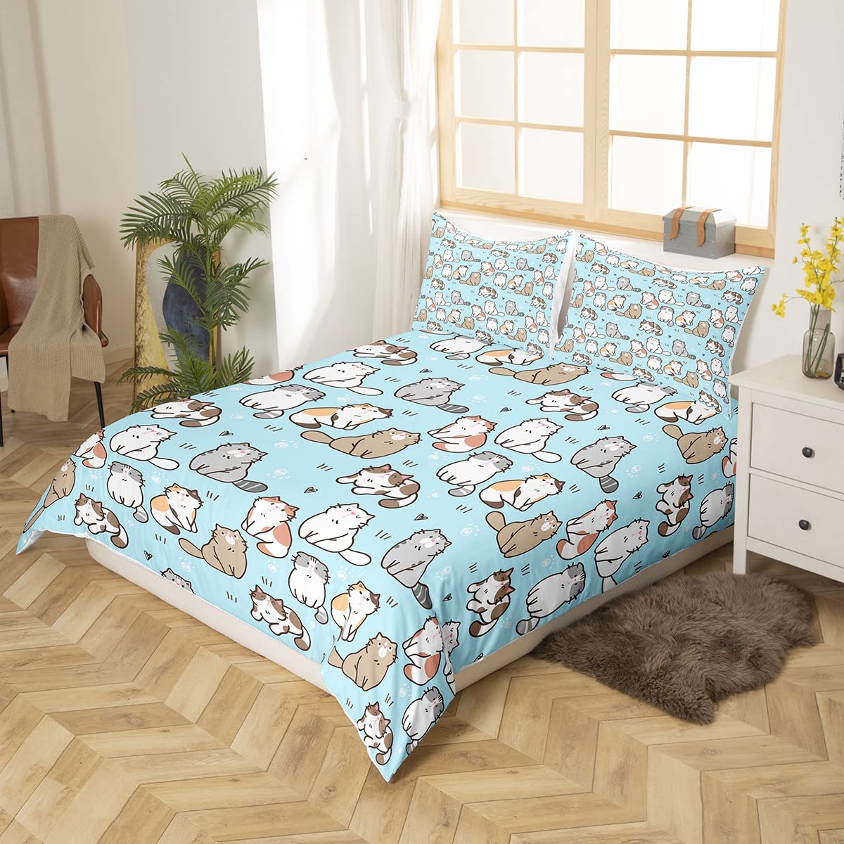 Cat Bed Sets Queen, K aii Garfield Persian Cat Bedding Set for Kids Boys Girls, P Print Love Heart Duvet Cover, Cartoon Animals Soft Comforter Cover 3 Pieces, Blue