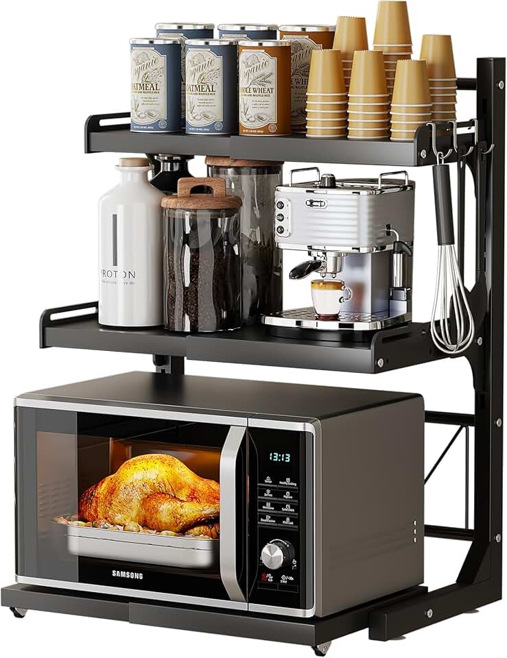 Retractable Microwave Oven Rack with Hooks