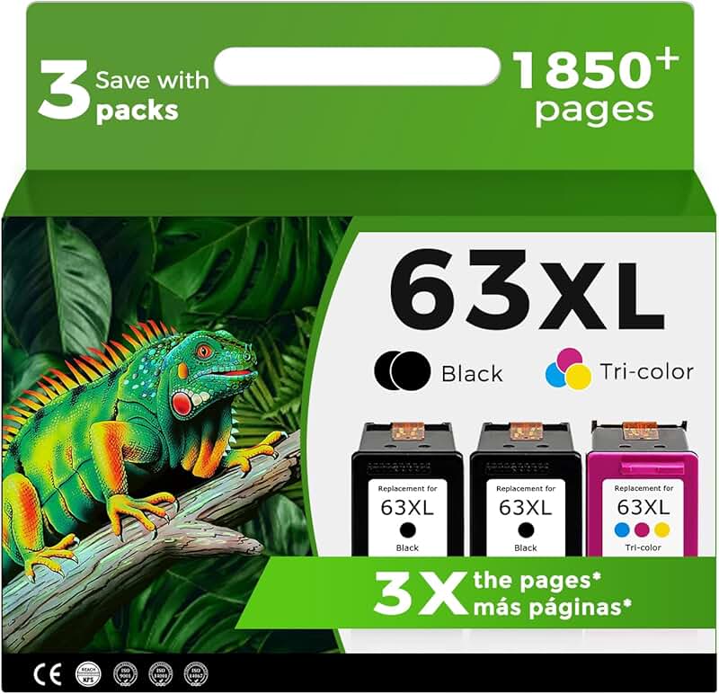 Black Ink Cartridges for HP 63 XL, 3-Pack