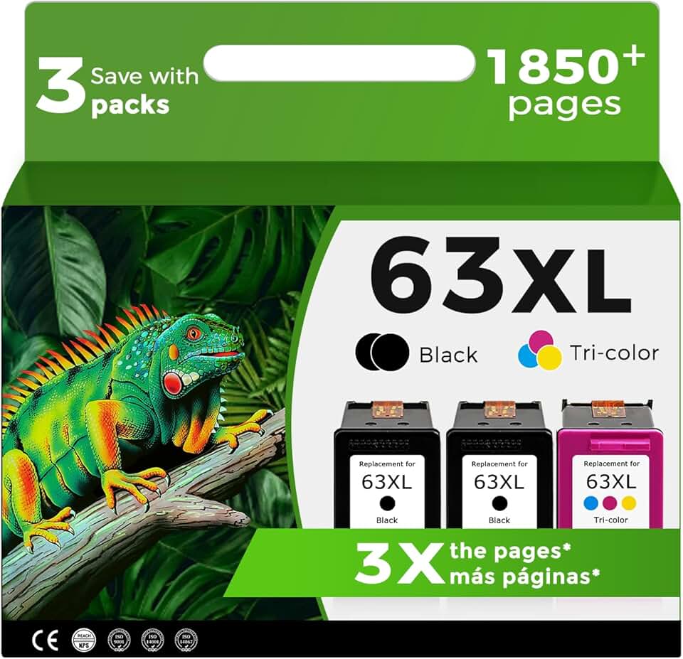 Black Ink Cartridges for HP 63 XL, 3-Pack