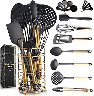 Black and Gold 18-Piece Kitchen Utensil Set with Holder