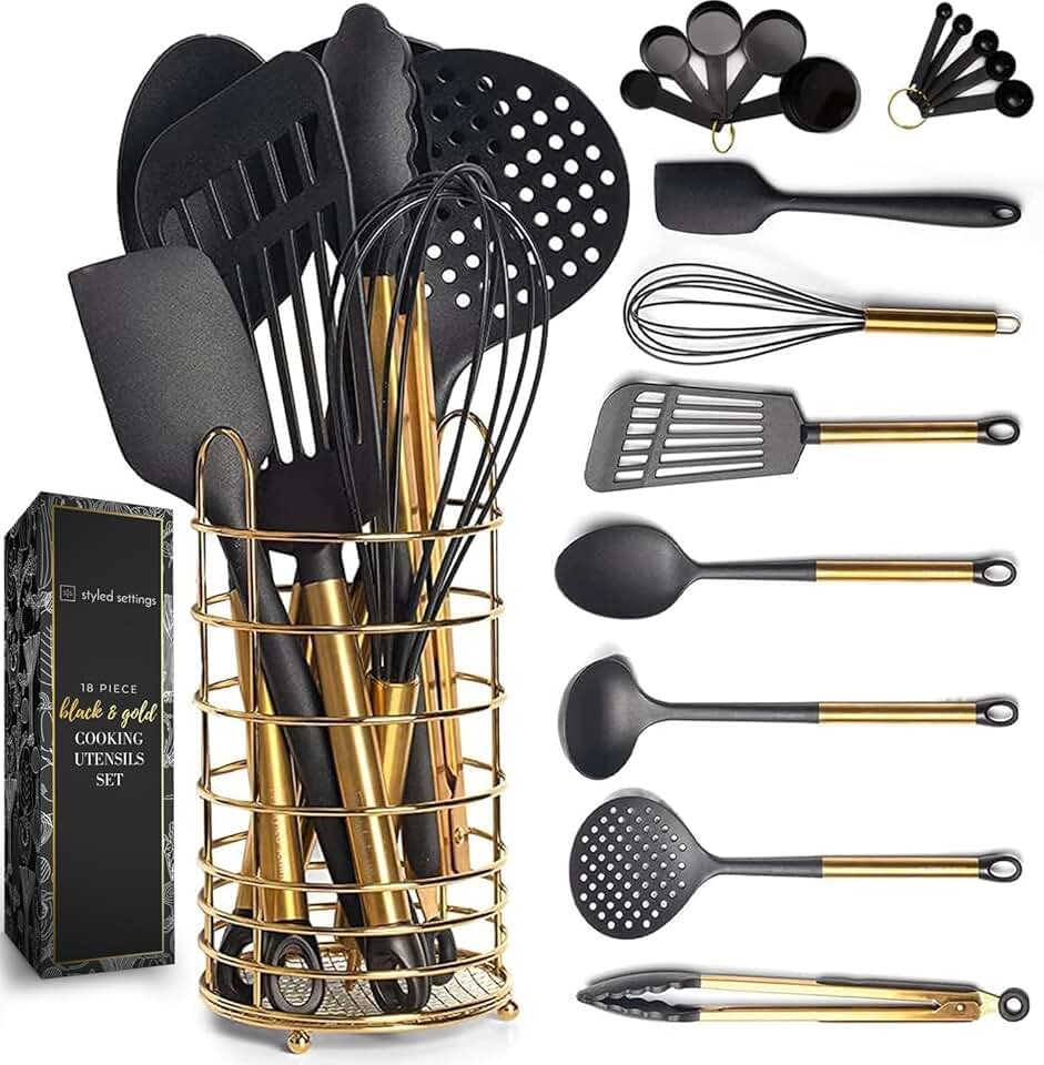 Black and Gold 18-Piece Kitchen Utensil Set with Holder