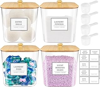 Set of four clear laundry pod containers with wooden lids