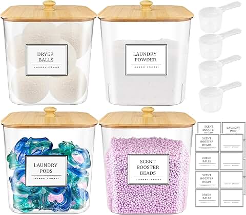 Set of four clear laundry pod containers with wooden lids