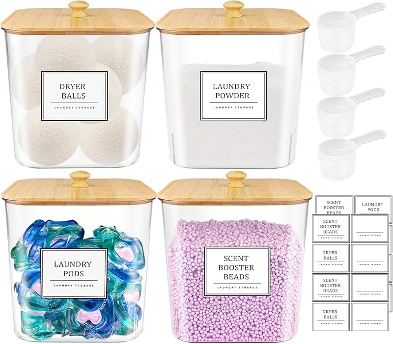 Set of four clear laundry pod containers with wooden lids