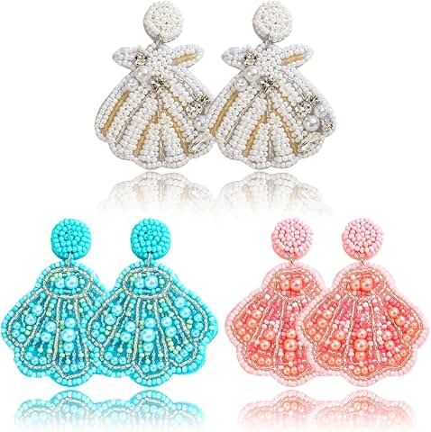 Three pairs of beaded seashell starfish earrings for women