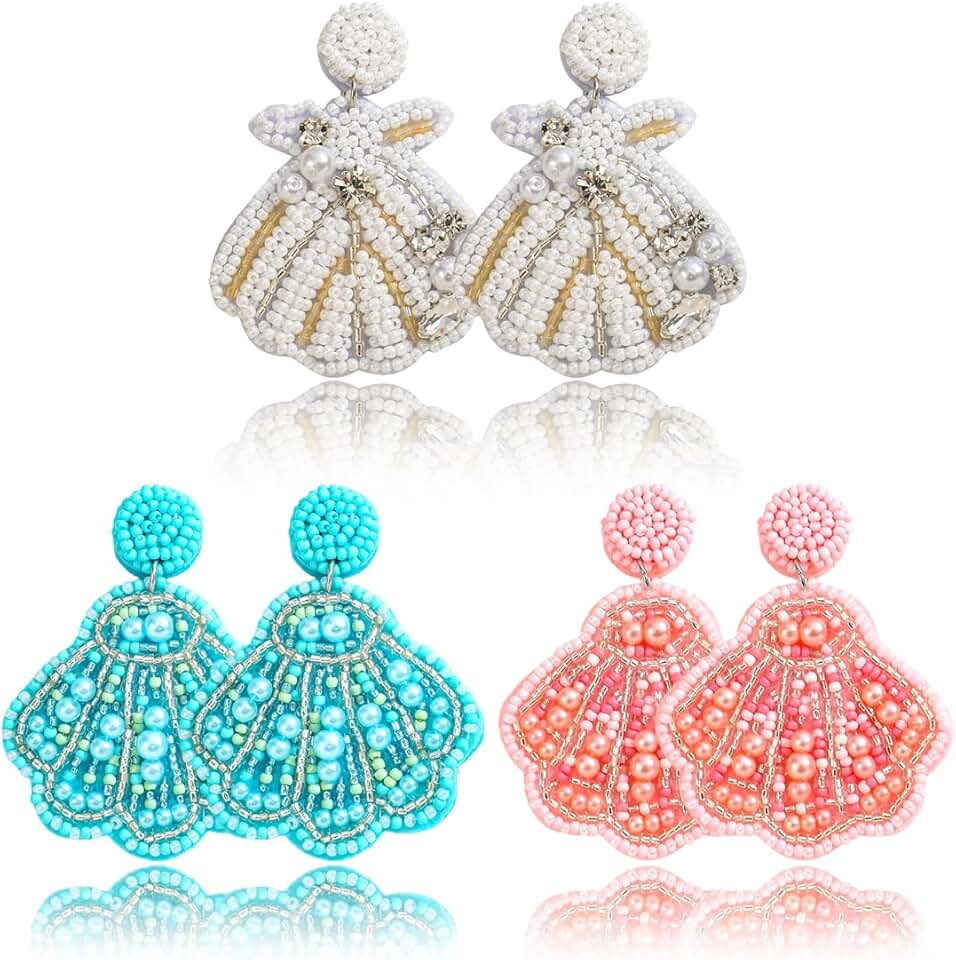 Three pairs of beaded seashell starfish earrings for women