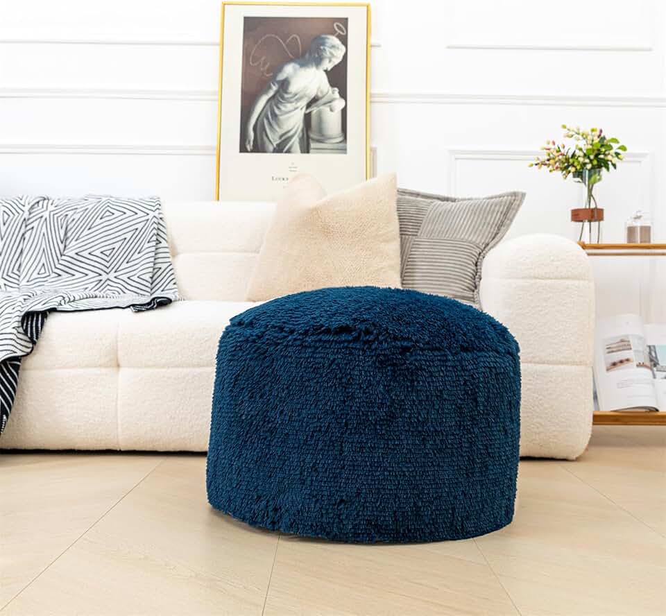 Unfilled Round Navy Blue Ottoman with Storage