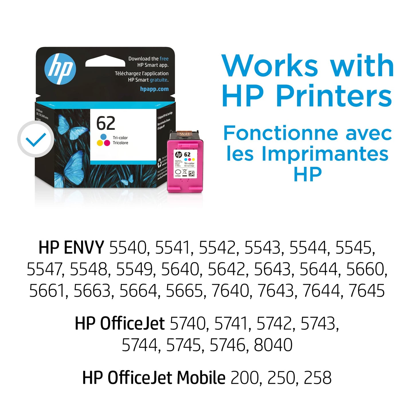 Original 62 Tri-color Ink Cartridge | Works with ENVY 5540, 5640, 5660, 7640 Series, OfficeJet 5740, 8040 Series, OfficeJet Mobile 200, 250 Series | Eligible for Instant Ink | C2P06AN