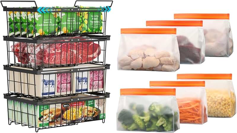 Freezer Organizer Bins and Reusable Freezer Bags Bundle