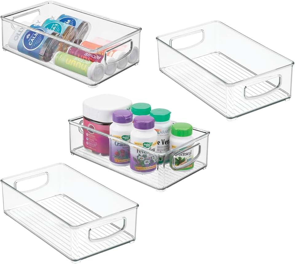 Set of 4 Clear Plastic Storage Bins with Handles