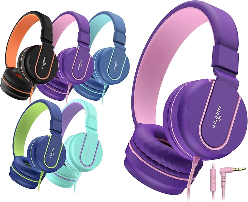Kids on-ear headphones with mic, 93dB volume, 6-pack