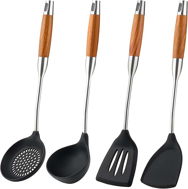 Silicone Cooking Utensil Set with Wooden Handles