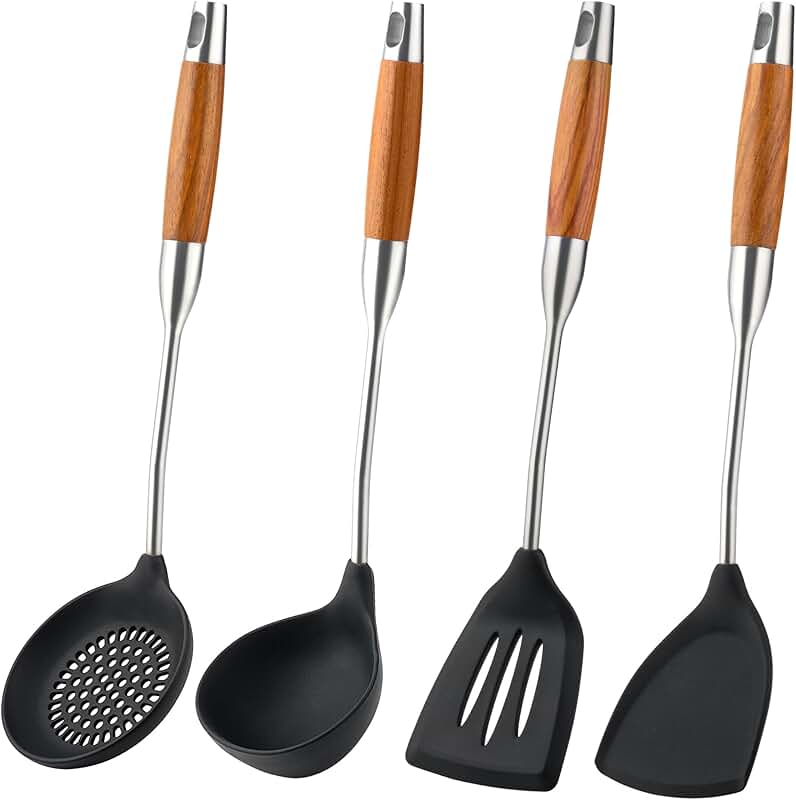 Silicone Cooking Utensil Set with Wooden Handles