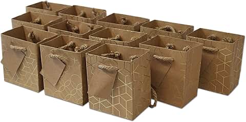 Mini Brown Gold Gift Bags with Handles, 12 Pack