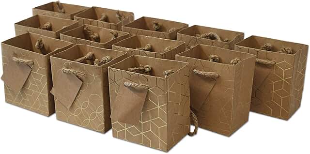 Mini Brown Gold Gift Bags with Handles, 12 Pack