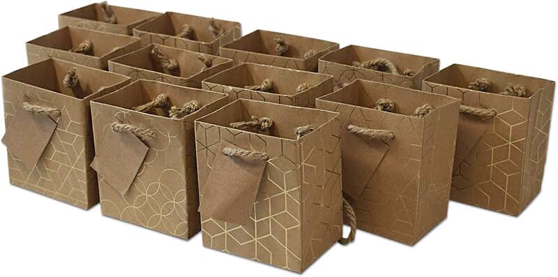 Mini Brown Gold Gift Bags with Handles, 12 Pack