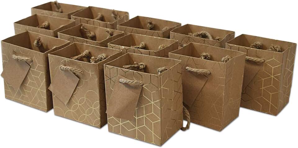 Mini Brown Gold Gift Bags with Handles, 12 Pack
