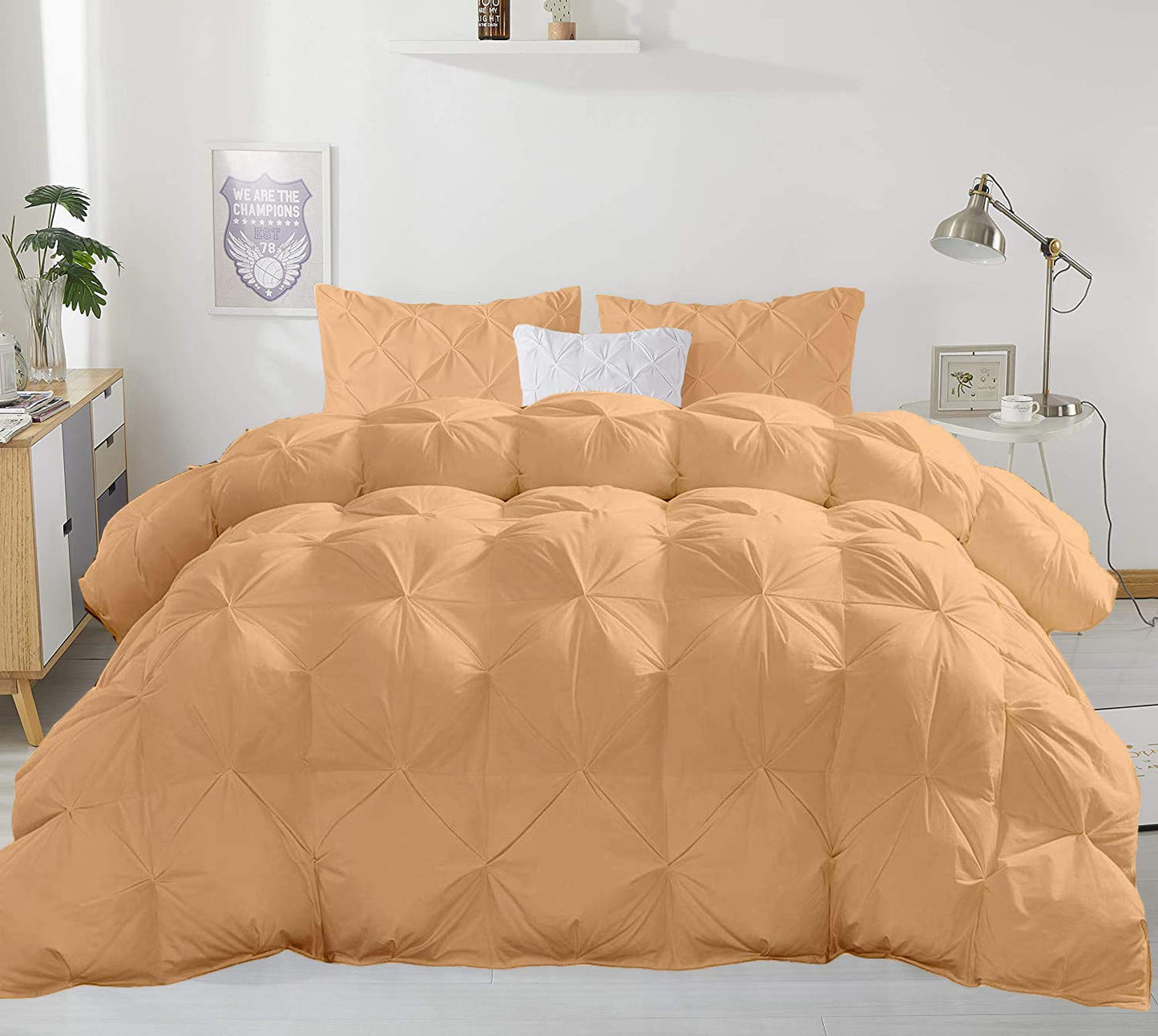 All-Season 500 GSM Peach Goose Down 3 Pieces Quiled Pinch Pleated Comforter Set Comforter  2 Pillow Cases) 600 Series Duvet Insert Oversized King