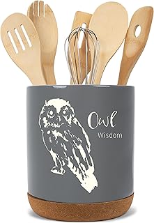 Large ceramic owl utensil holder in slate grey