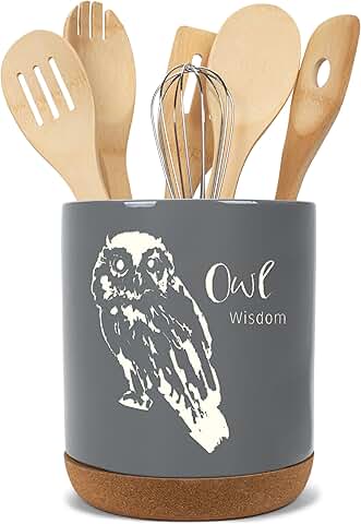 Large ceramic owl utensil holder in slate grey