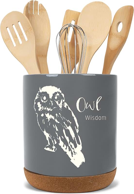 Large ceramic owl utensil holder in slate grey