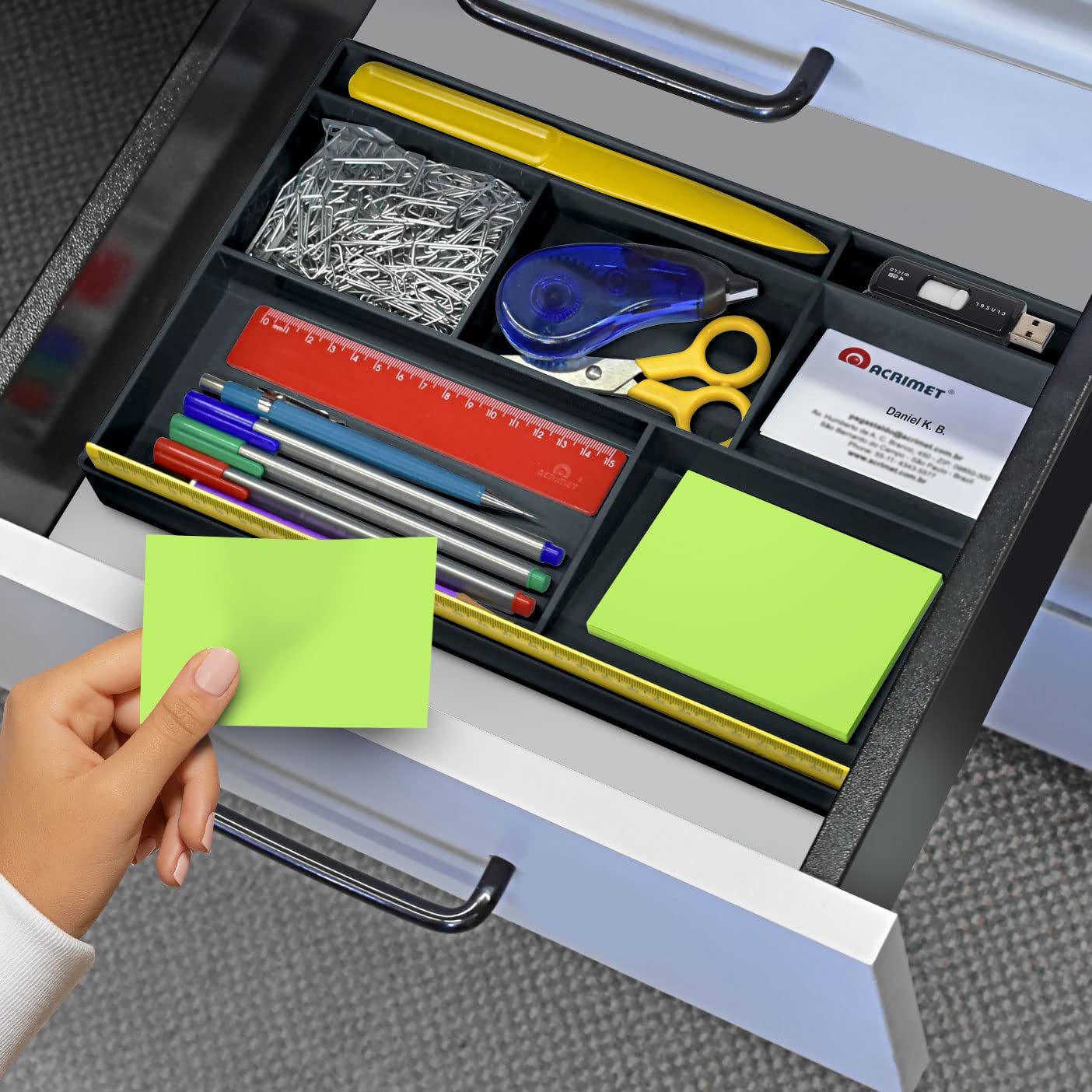 Black plastic desk drawer organizer with 8 compartments
