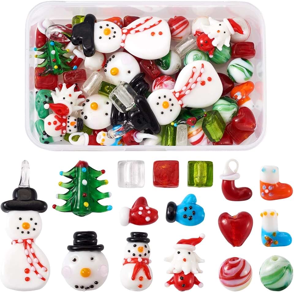 55-piece Christmas-themed lampwork glass beads for jewelry and decoration