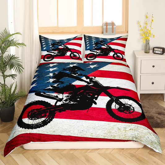 USA Flag Comforter Cover,Motocross Rider Dirt Bike Duvet Cover Twin,Red White Stripe Blue Black Stars Bedding Set for Kids Teenagers Boys Men with 1 Pillow Case,Cozy Friendly Soft
