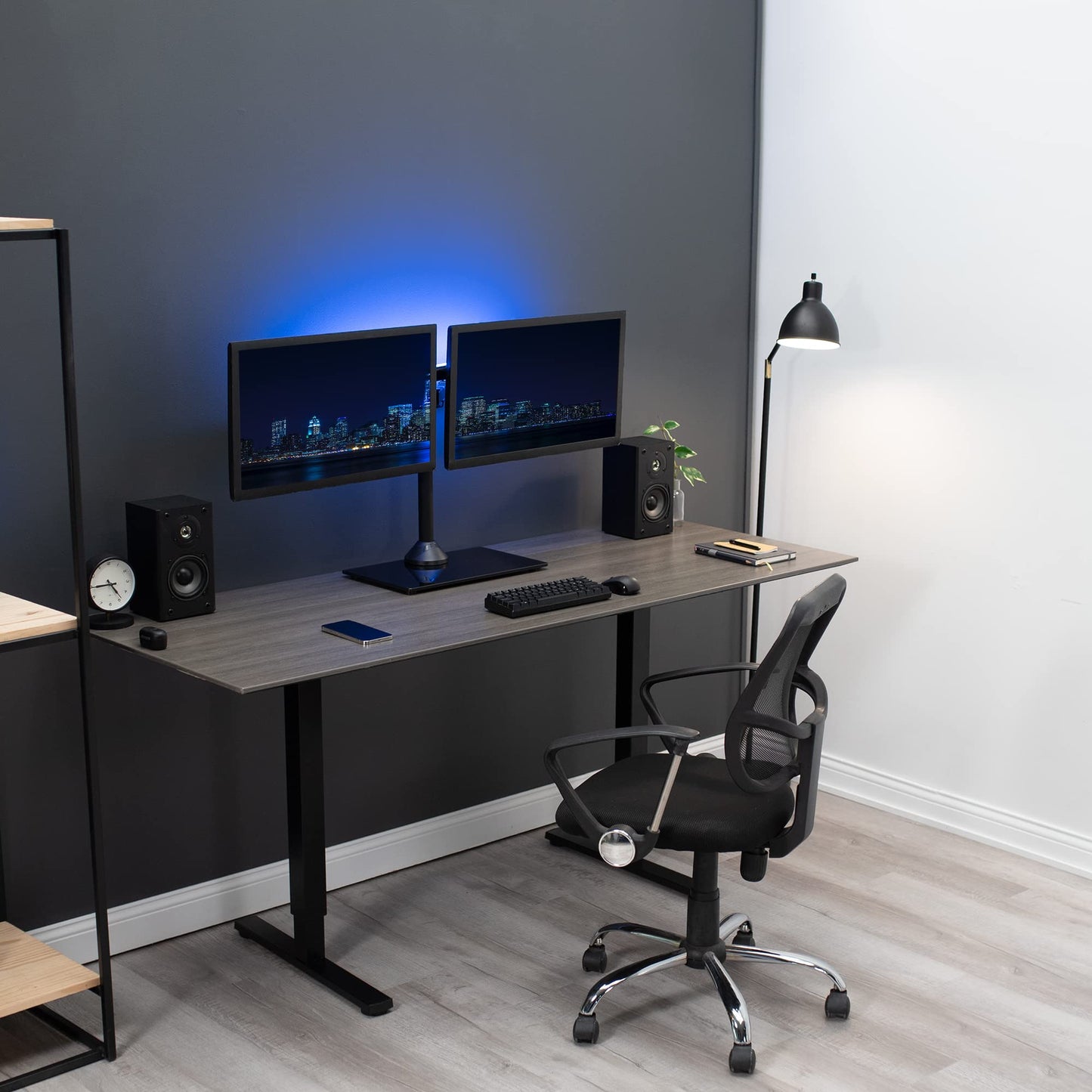 Freestanding Dual Monitor Stand with Sleek Glass Base and Adjustable Arms, Mounts 2 Screens up to 27 inch and 22 lbs Each, Black, STAND-V002FG